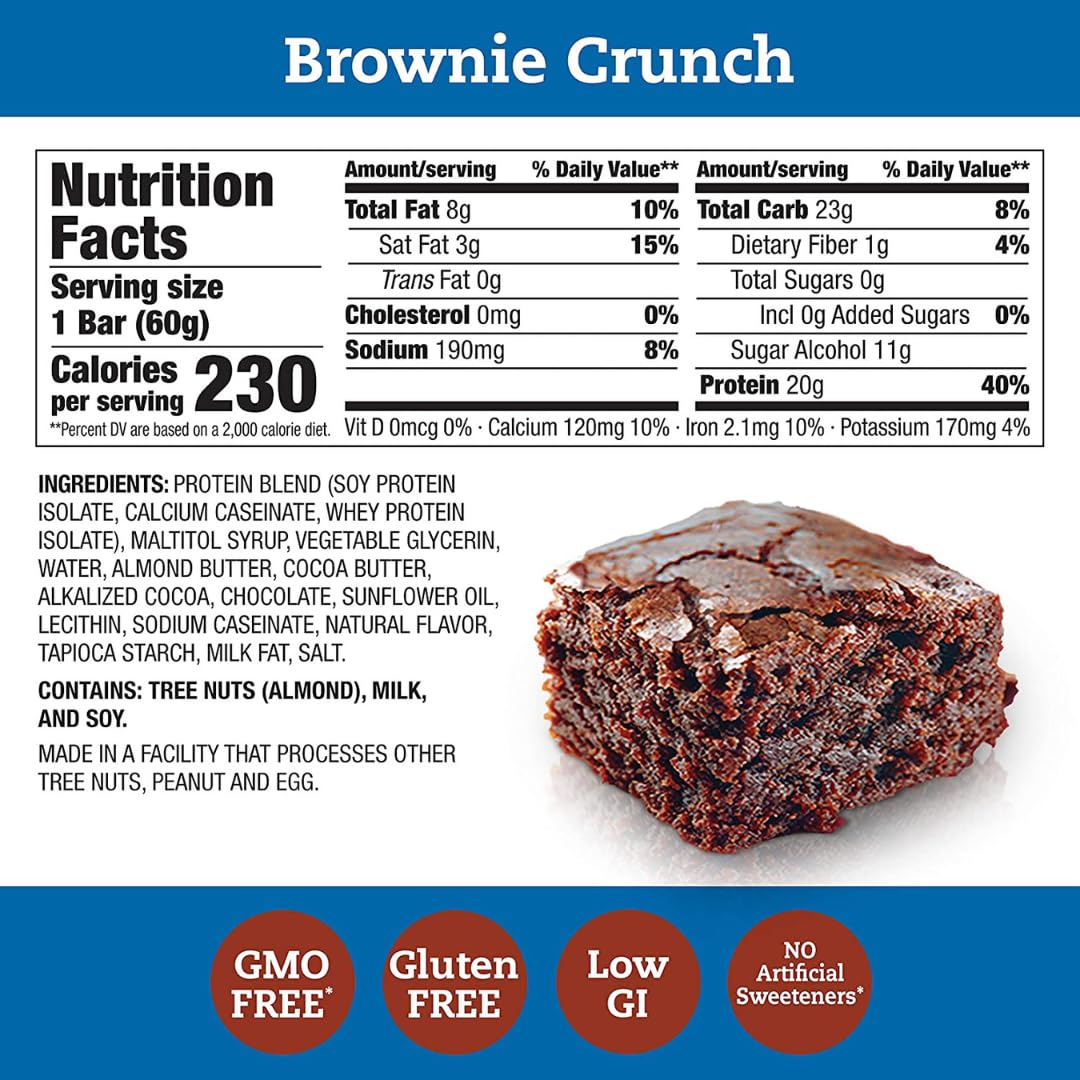 Protein Bars, High Protein Snacks, Gluten Free, Kosher Friendly, Brownie Crunch, Nutrition Bars, 2.1 Oz per Bar - 20 Count