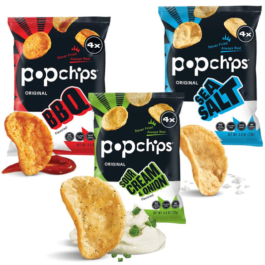 Popchips Potato Chips Variety Pack - Sour Cream & Onion, Sea Salt, & BBQ - 0.8 Bags (28-Count)