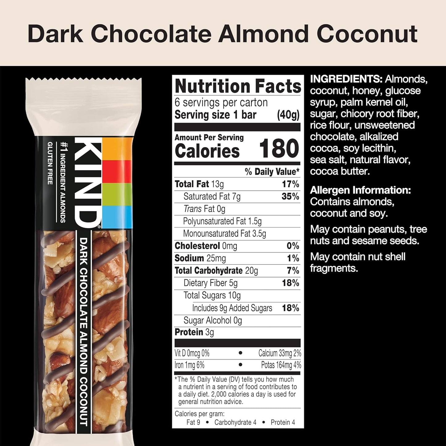 KIND Bars, Dark Chocolate Almond & Coconut, Healthy Snacks, Gluten Free, 12 Count
