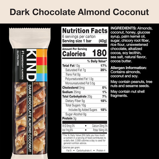KIND Bars, Dark Chocolate Almond & Coconut, Healthy Snacks, Gluten Free, 12 Count
