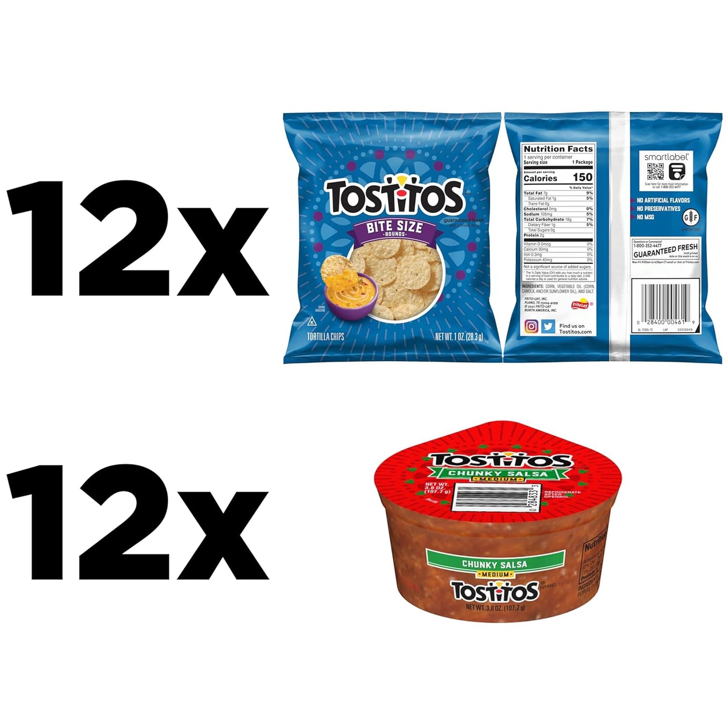 Frito Lay Tostitos Bitesize Rounds Chips and Salsa Dip Cups Variety Pack, (Pack of 24)