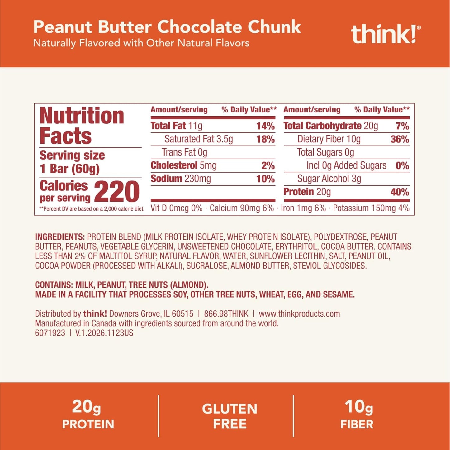 think! Protein Bars, High Protein Snacks, Gluten Free, High Fiber, Peanut Butter Chocolate Chunk, 10 Count
