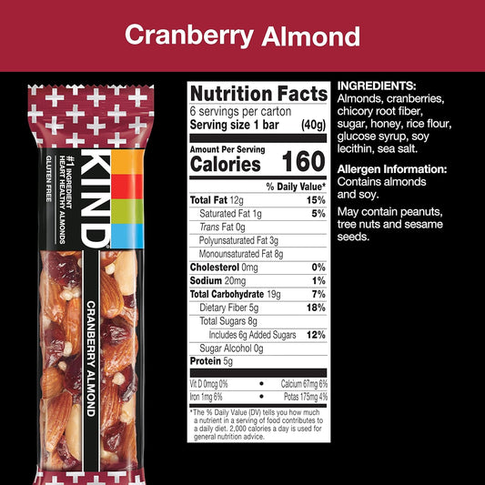 KIND Nut Bars, Cranberry Almond, Healthy Snack Bars, Gluten Free, Low Sugar, 6g Protein, 12 Count