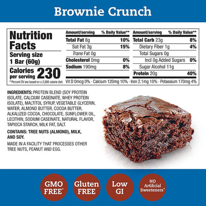 Protein Bars, High Protein Snacks, Gluten Free, Kosher Friendly, Brownie Crunch, Nutrition Bars, 2.1 Oz per Bar - 20 Count