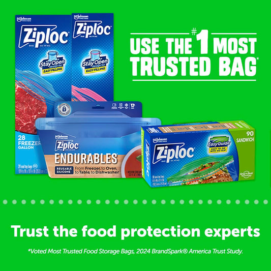 Ziploc XL Sandwich and Snack Bags with EasyGuide Texture, Plastic Storage Bags with Grip 'n Seal Technology, 90 Bags Total