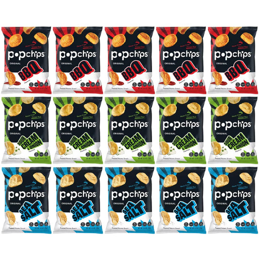 Popchips Potato Chips Variety Pack - Sour Cream & Onion, Sea Salt, & BBQ - 0.8 Bags (28-Count)