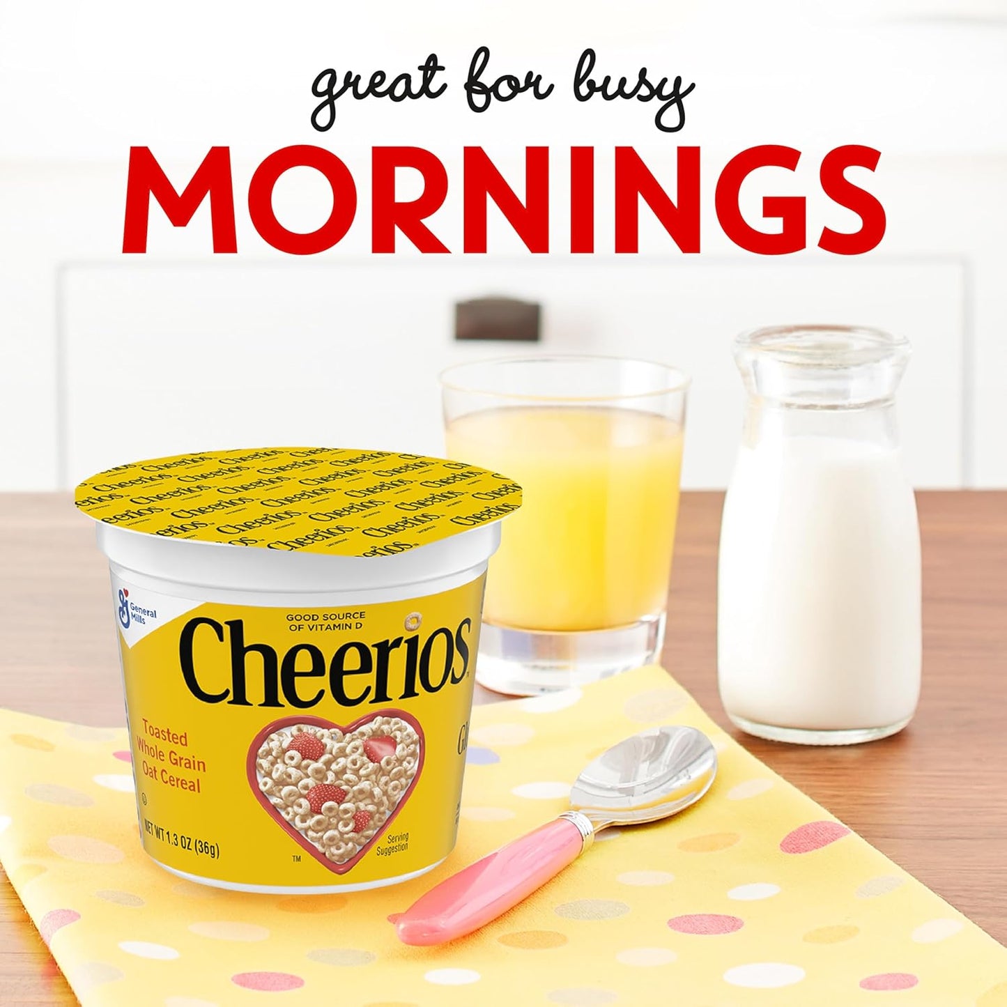 Cheerios Breakfast Cereal Cup, Gluten Free, Single Serve Cereal, 1.3 oz (Pack of 12)