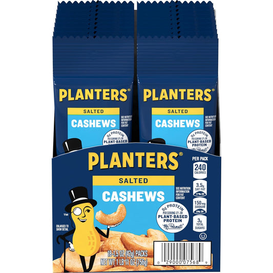 PLANTERS Cashews Salted, Plant-Based Protein, Individually Packed Snacks, Quick Snack for Adults, After School Snack, Roasted Cashew, Flavored with Sea Salt, Kosher, 1.5oz Bags (18 Pack)