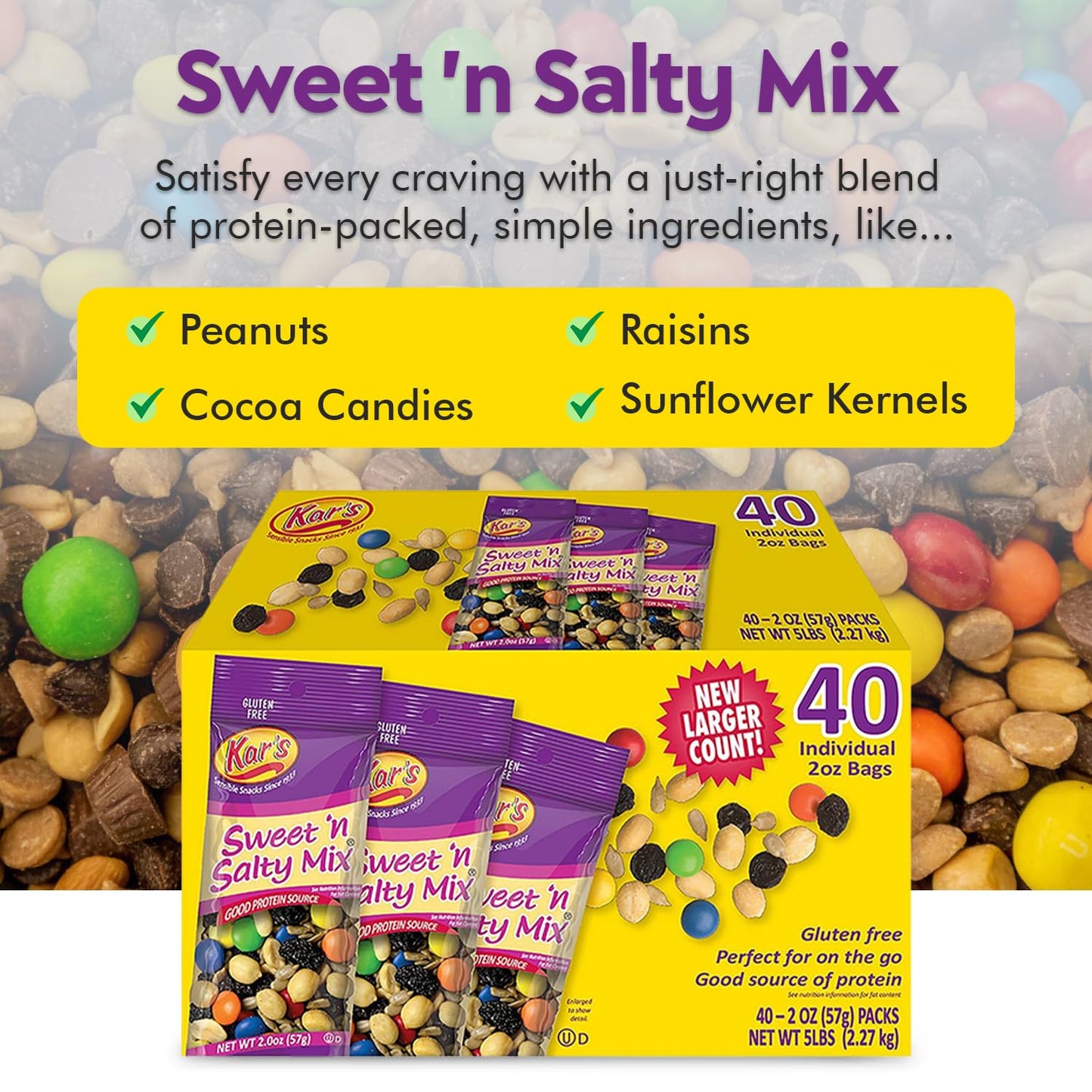Kar’s Sweet and Salty Trail Mix – 40-Pack Trail Mix Individual Packs 2oz – Gluten-Free Trail Mix Bulk – Rich Source of Protein – Sweet and Salty Snacks with Mixed Nuts and Chocolate Candies