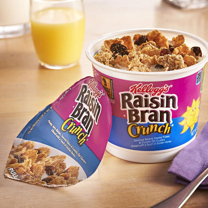Kellogg's Raisin Bran Crunch Breakfast Cereal Cups, Fiber Cereal, Made with Real Fruit, Original, 33.6oz Case (12 Cups)