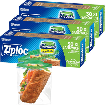 Ziploc XL Sandwich and Snack Bags with EasyGuide Texture, Plastic Storage Bags with Grip 'n Seal Technology, 90 Bags Total