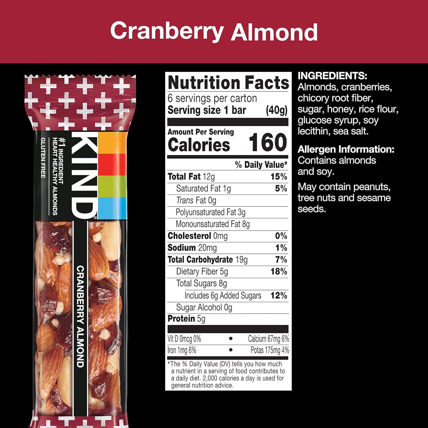 KIND Nut Bars, Cranberry Almond, Healthy Snack Bars, Gluten Free, Low Sugar, 6g Protein, 12 Count
