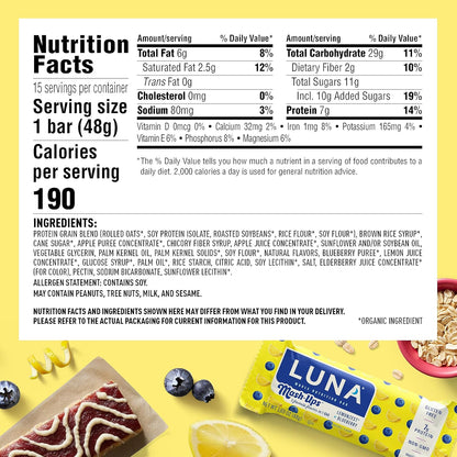 LUNA Bar - Mash-Ups LemonZest + Blueberry Flavor - Snack Bars - Non-GMO - Gluten-Free Protein Bars - Made with Organic Oats (15 Pack)